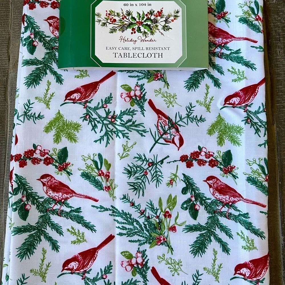 Christmas Tablecloth Botanical Bird Pine Tree Print